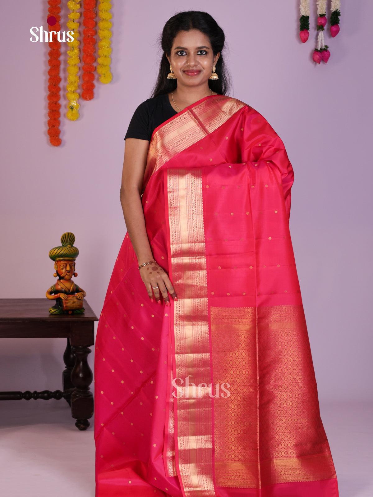 Charming Pink Single Tone Soft Silk Saree with zari buttas & Brocade pallu - Shop on Shrus.com