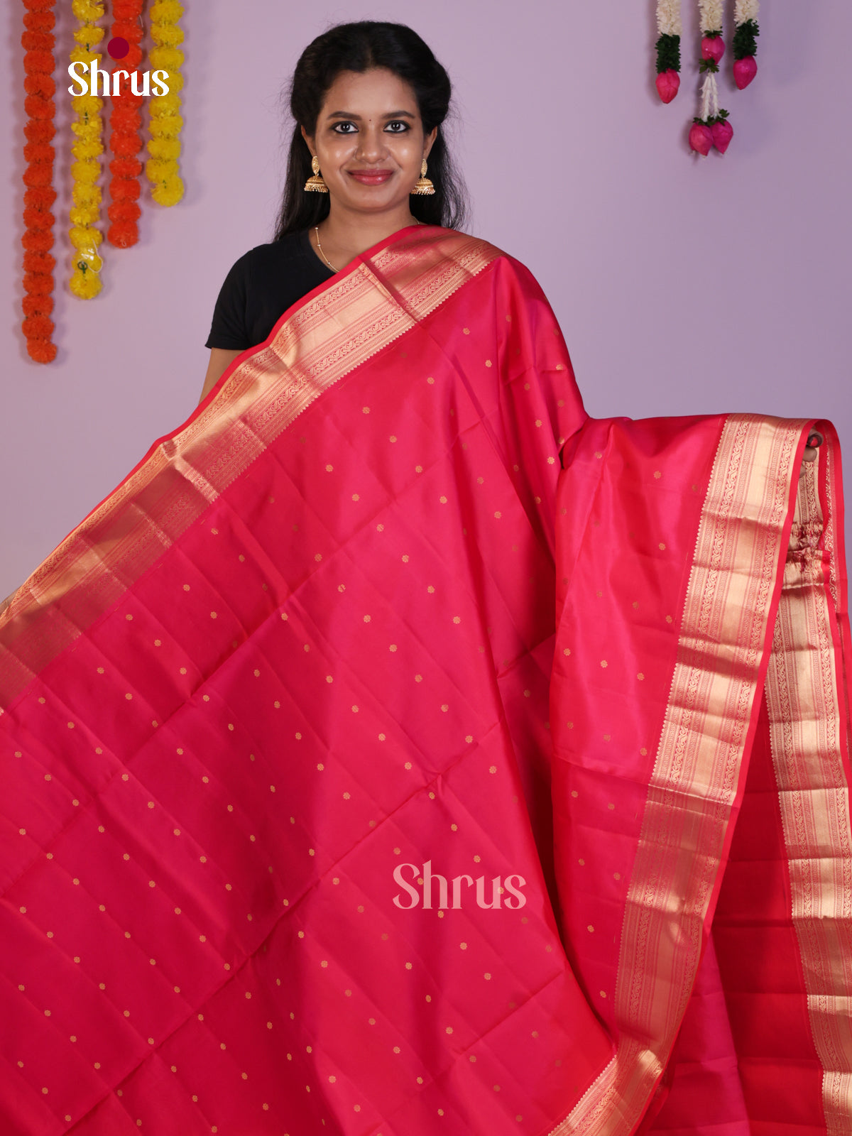 Charming Pink Single Tone Soft Silk Saree with zari buttas & Brocade pallu - Shop on Shrus.com