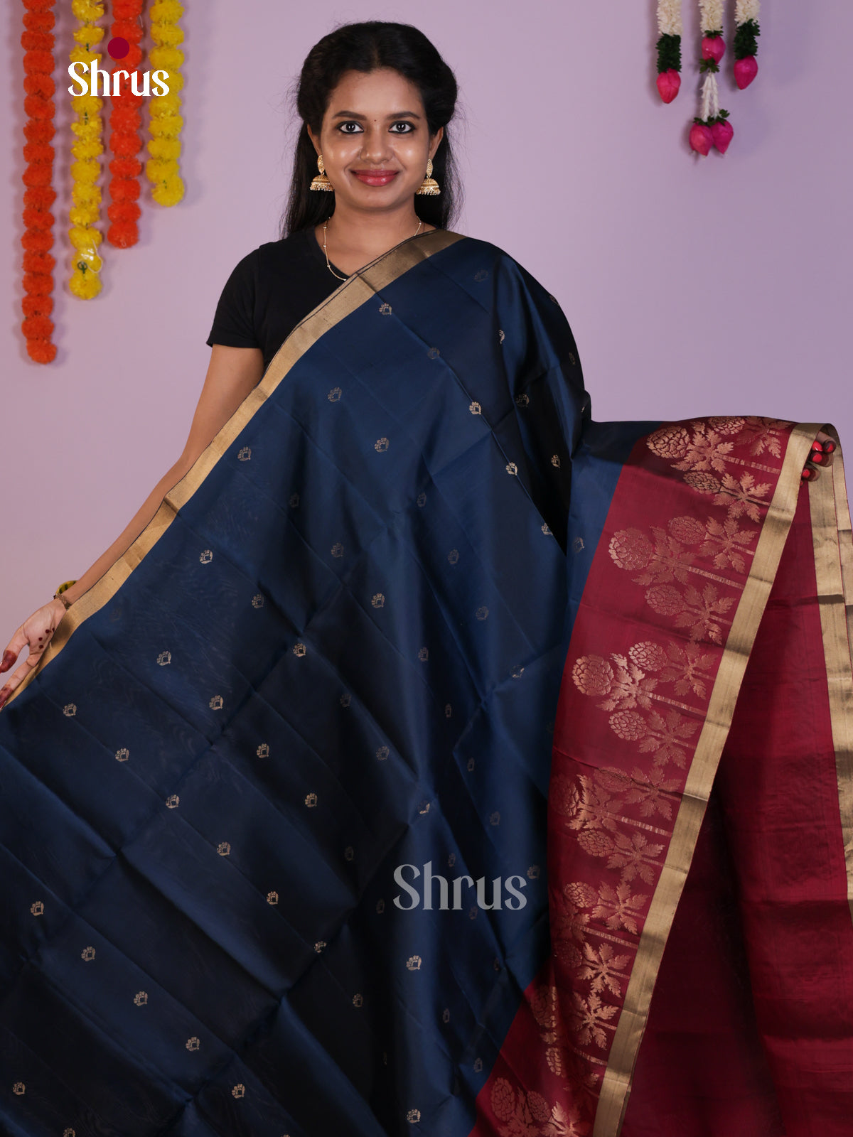 Regal Blue & Maroon Soft Silk Saree with zari buttas & floral motifs border