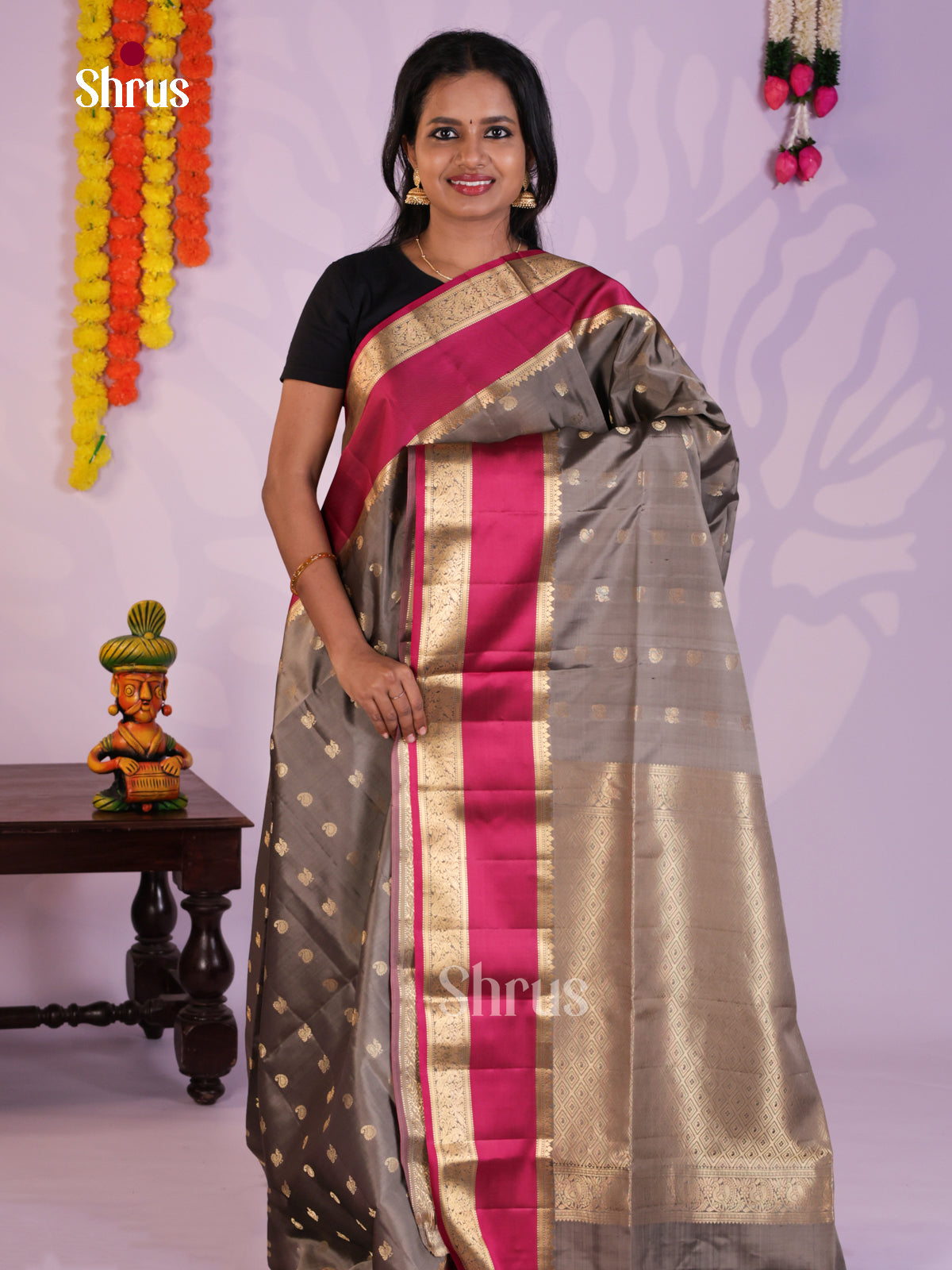 Classic Grey Soft Silk  Saree gleams with zari peacock , manga buttas & brocade pallu - Shop on Shrus.com
