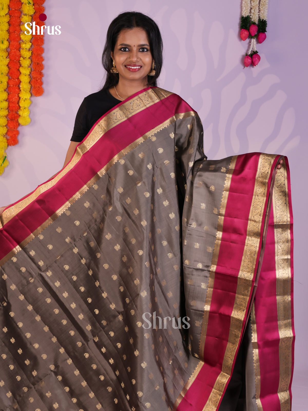 Classic Grey Soft Silk  Saree gleams with zari peacock , manga buttas & brocade pallu - Shop on Shrus.com