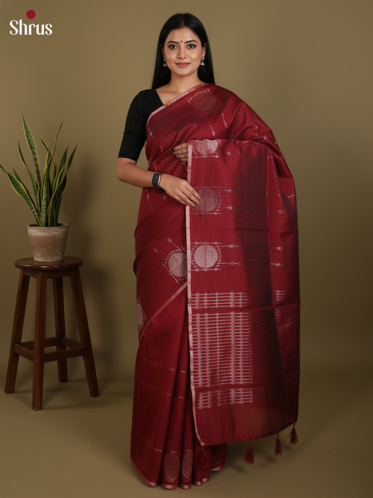 Maroon  - Semi Jute Saree- DLS18113 - Shop on Shrus.com
