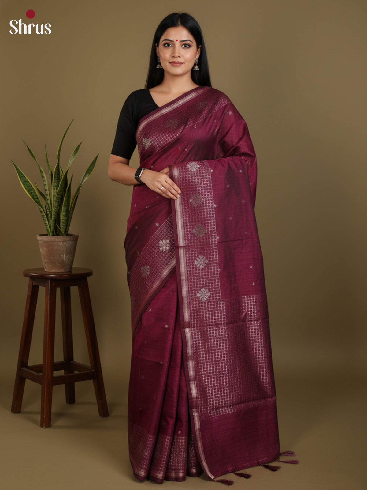 Maroon - Semi Jute Saree - DLS19006 - Shop on Shrus.com