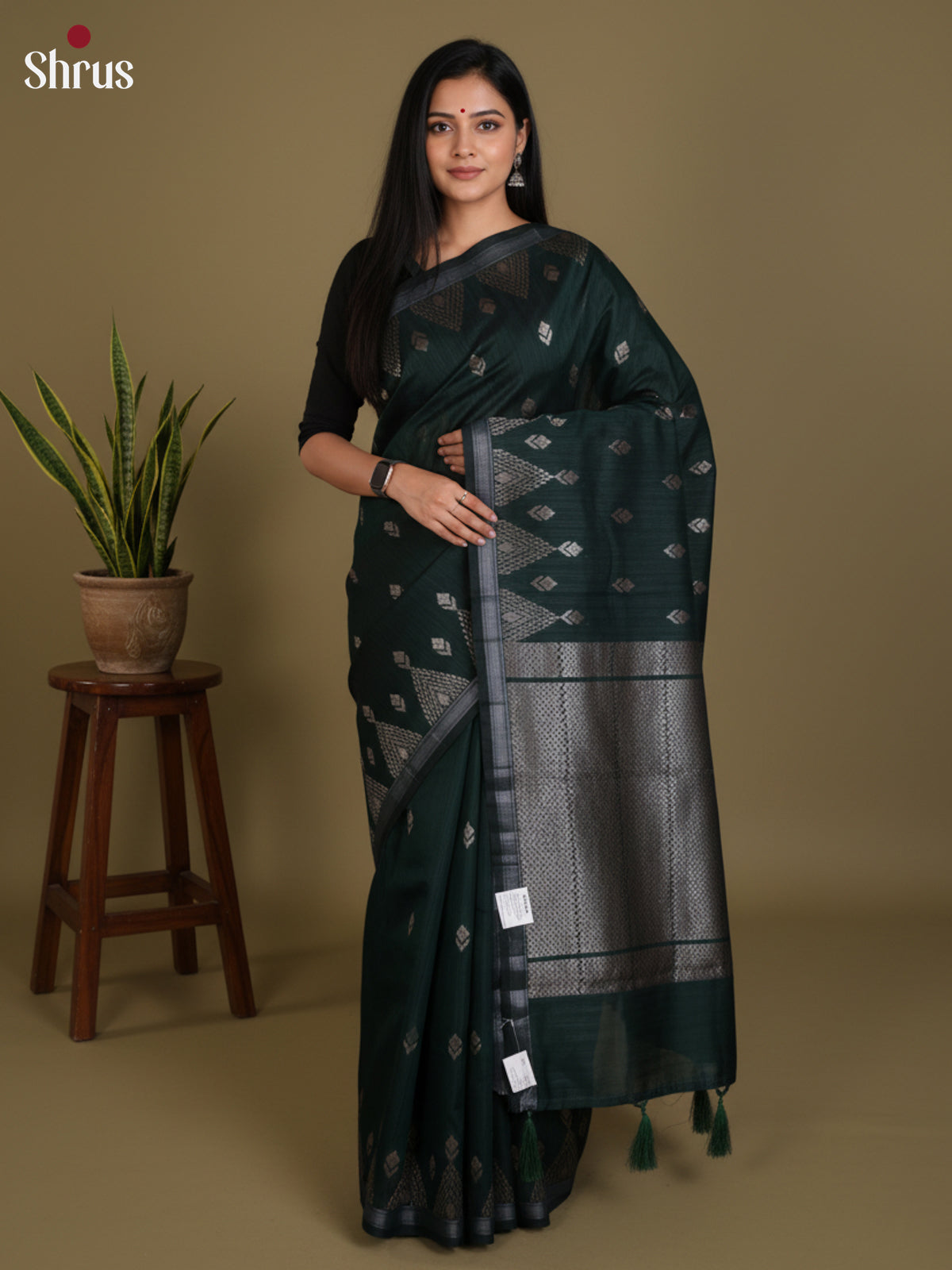 Dark Green  - Semi Jute Saree-DLS19150