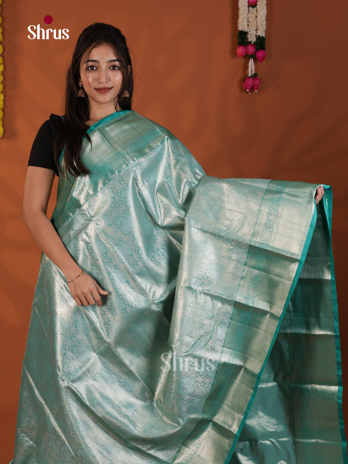 Teal Blue - Kanchipuram-halfpure Saree - DLS19202 - Shop on Shrus.com