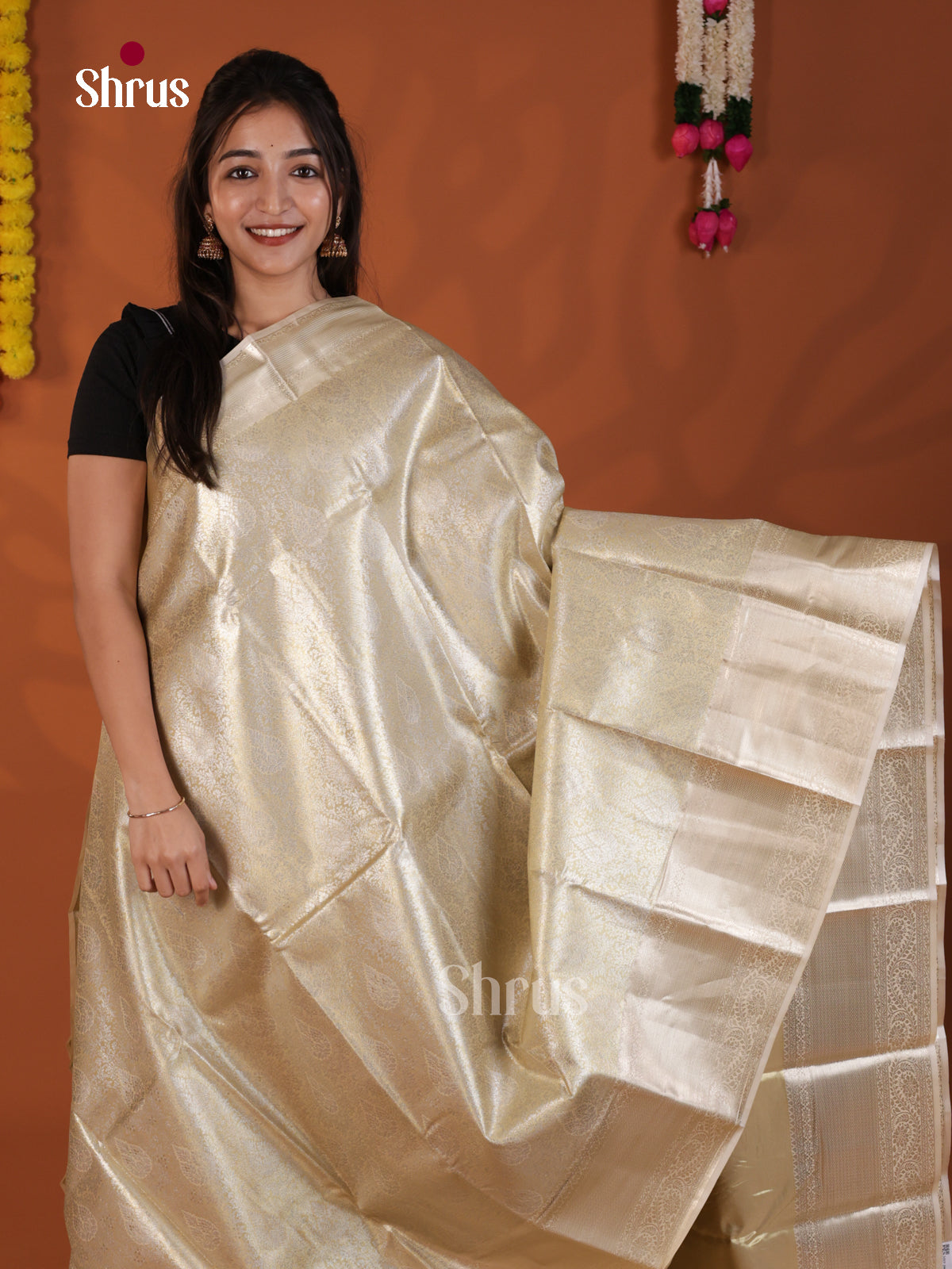 Cream & Gold  - Kanchipuram-halfpure Saree-DLS19214 - Shop on Shrus.com