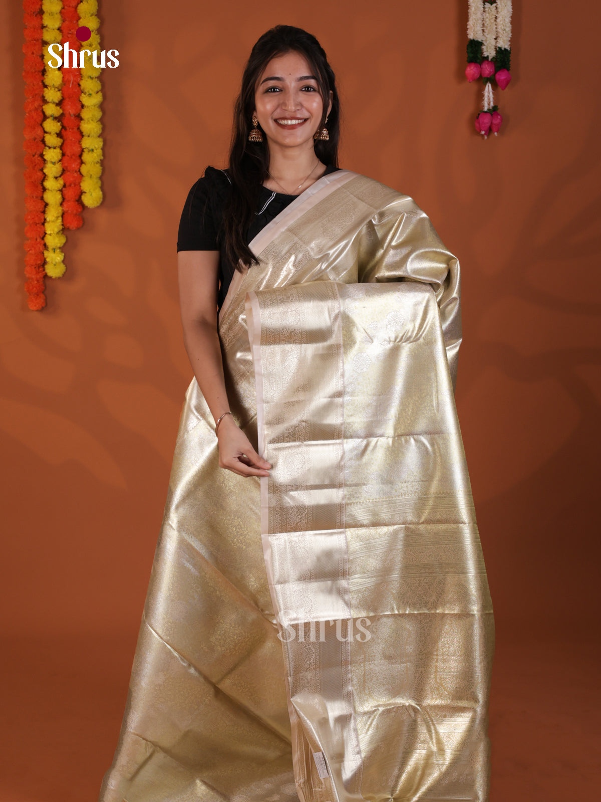 Cream - Kanchipuram-halfpure Saree- DLS19224 - Shop on Shrus.com
