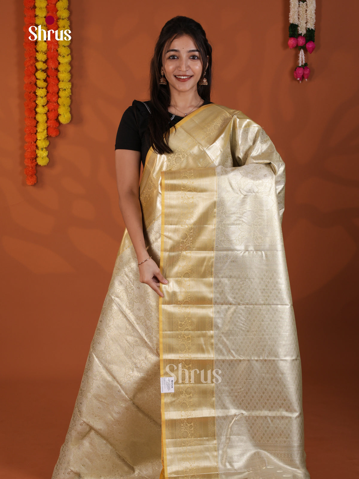 Cream & Yellow  - Kanchipuram-halfpure Saree- DLS19237 - Shop on Shrus.com