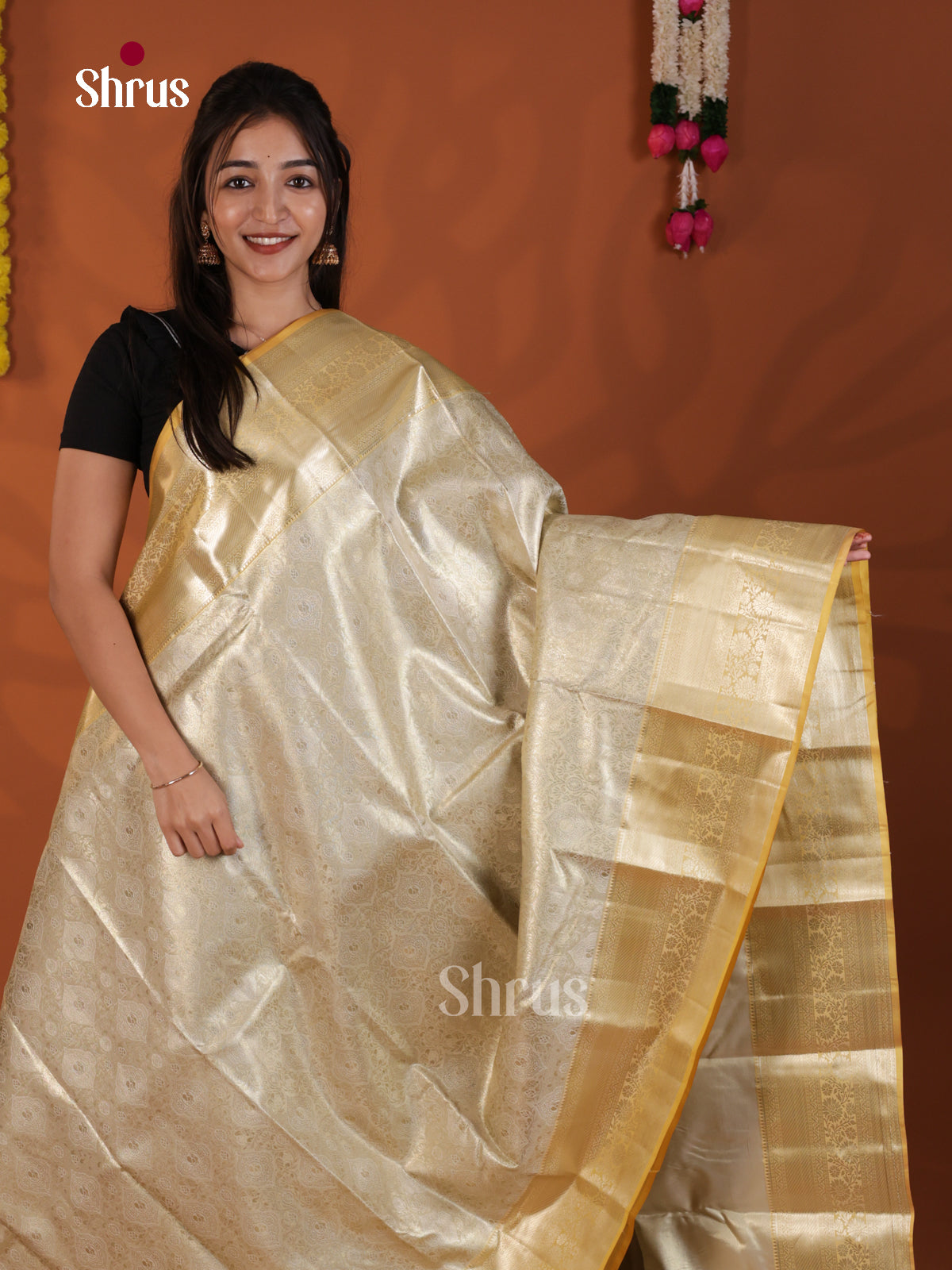 Cream & Yellow  - Kanchipuram-halfpure Saree- DLS19237 - Shop on Shrus.com