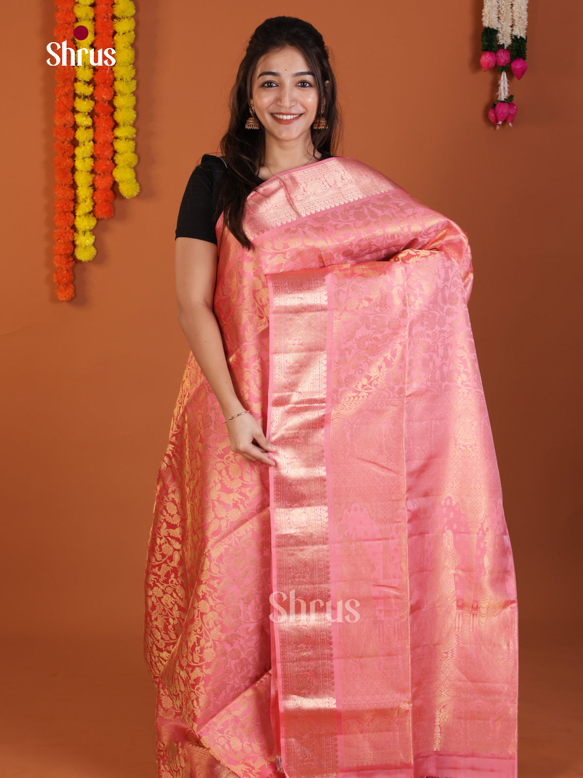 Shimmery Pink single Tone Soft Silk Saree with vanashingaram zari brocade