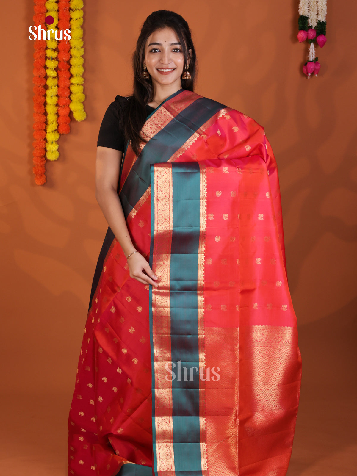 Glorious Orange & Green Soft Silk Saree with zari peacock, manga Buttas