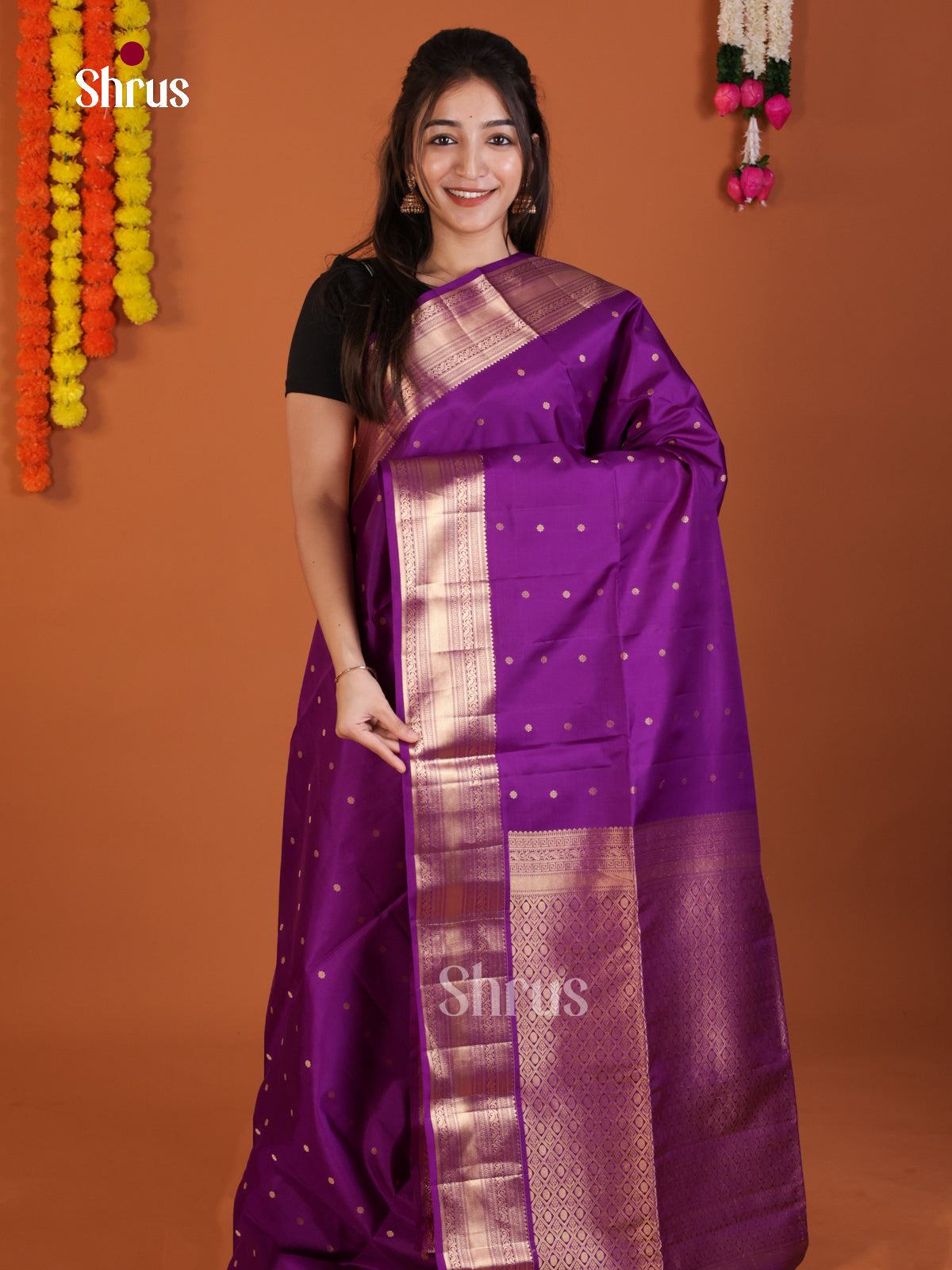 Enchanting Violet Soft Silk Saree with zari buttas & splendid zari border - Shop on Shrus.com