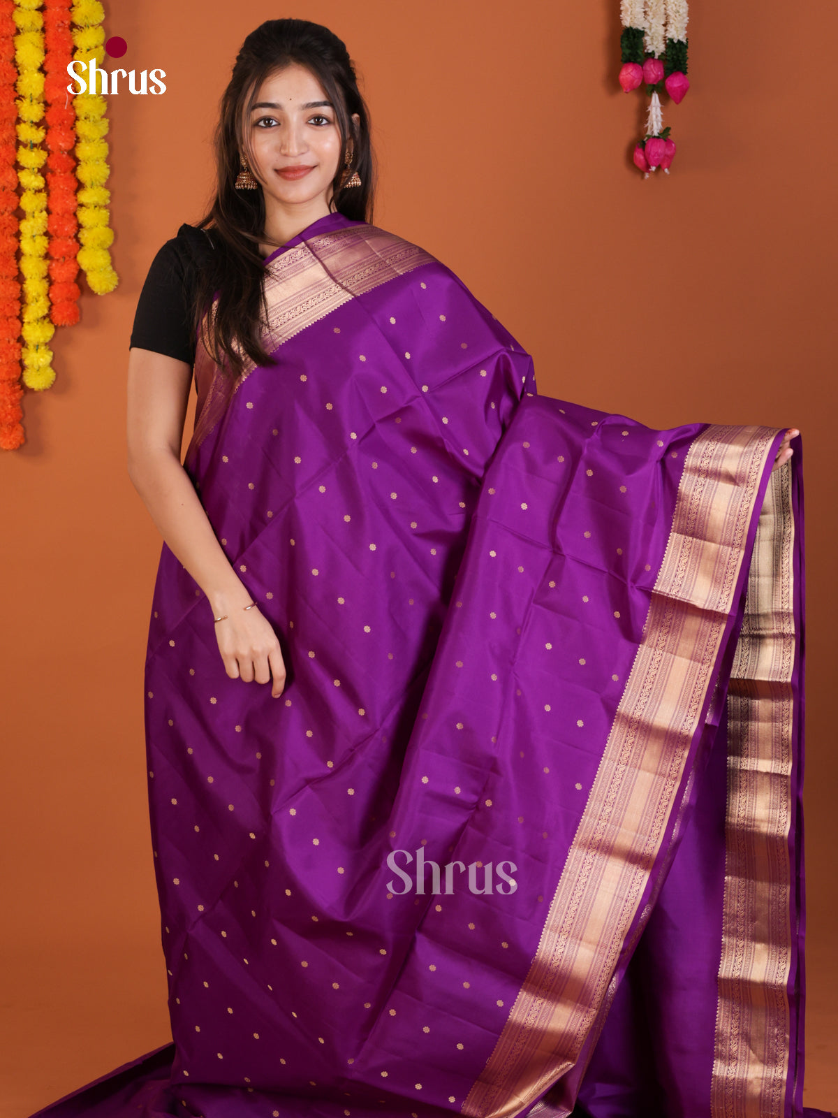 Enchanting Violet Soft Silk Saree with zari buttas & splendid zari border - Shop on Shrus.com