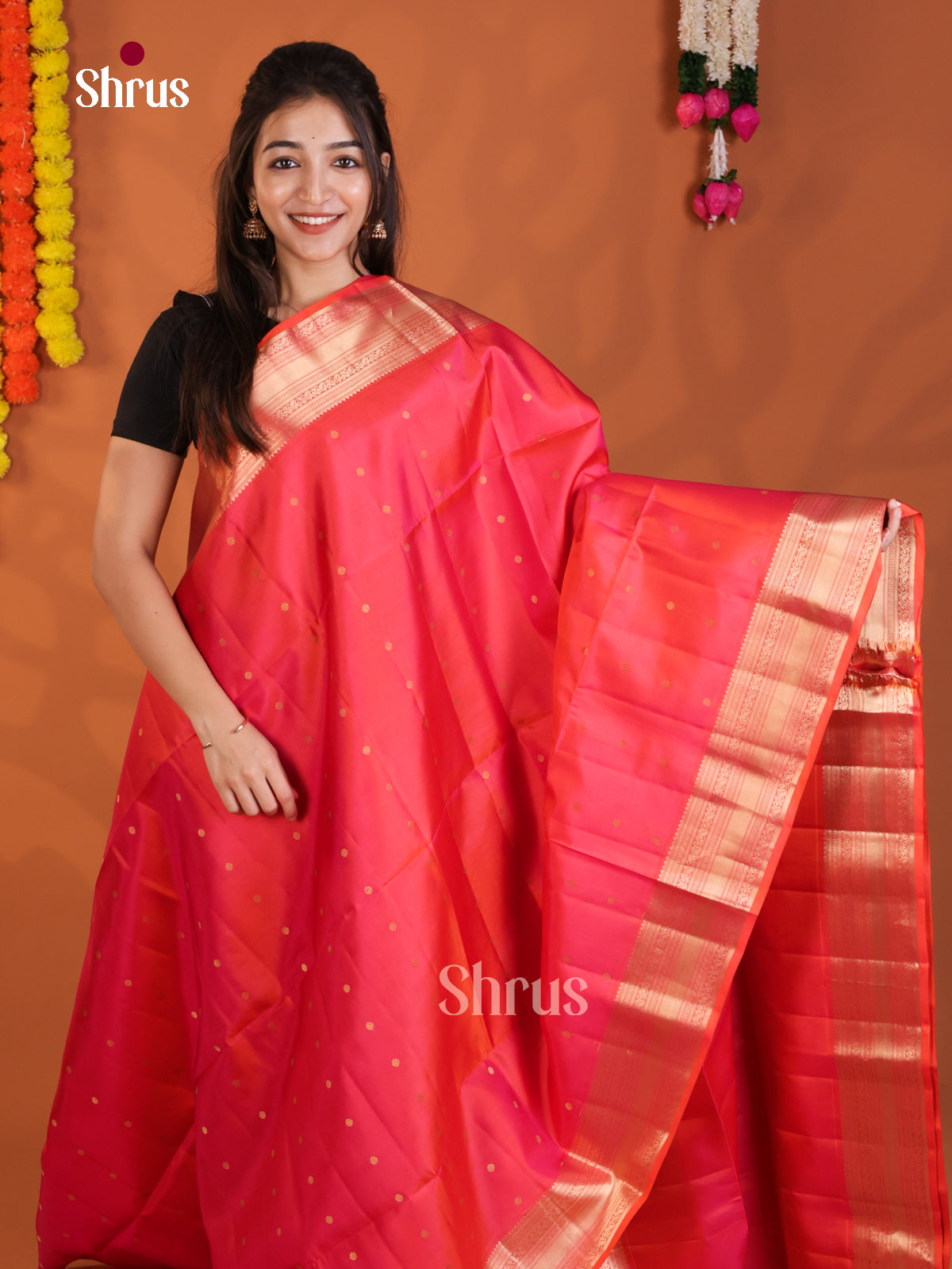 Radiant Orangish Pink Soft Silk Saree with zari buttas & traditional zari border - Shop on Shrus.com
