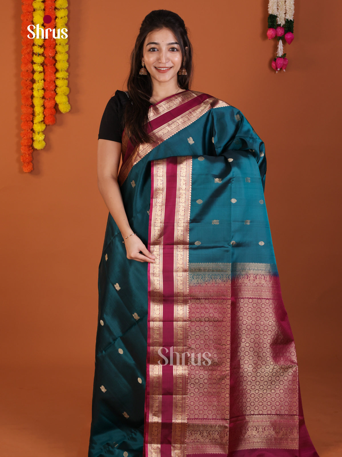 Classy Blue & Maroon Soft Silk Saree with zari peacock buttas & Rettaipet border - Shop on Shrus.com