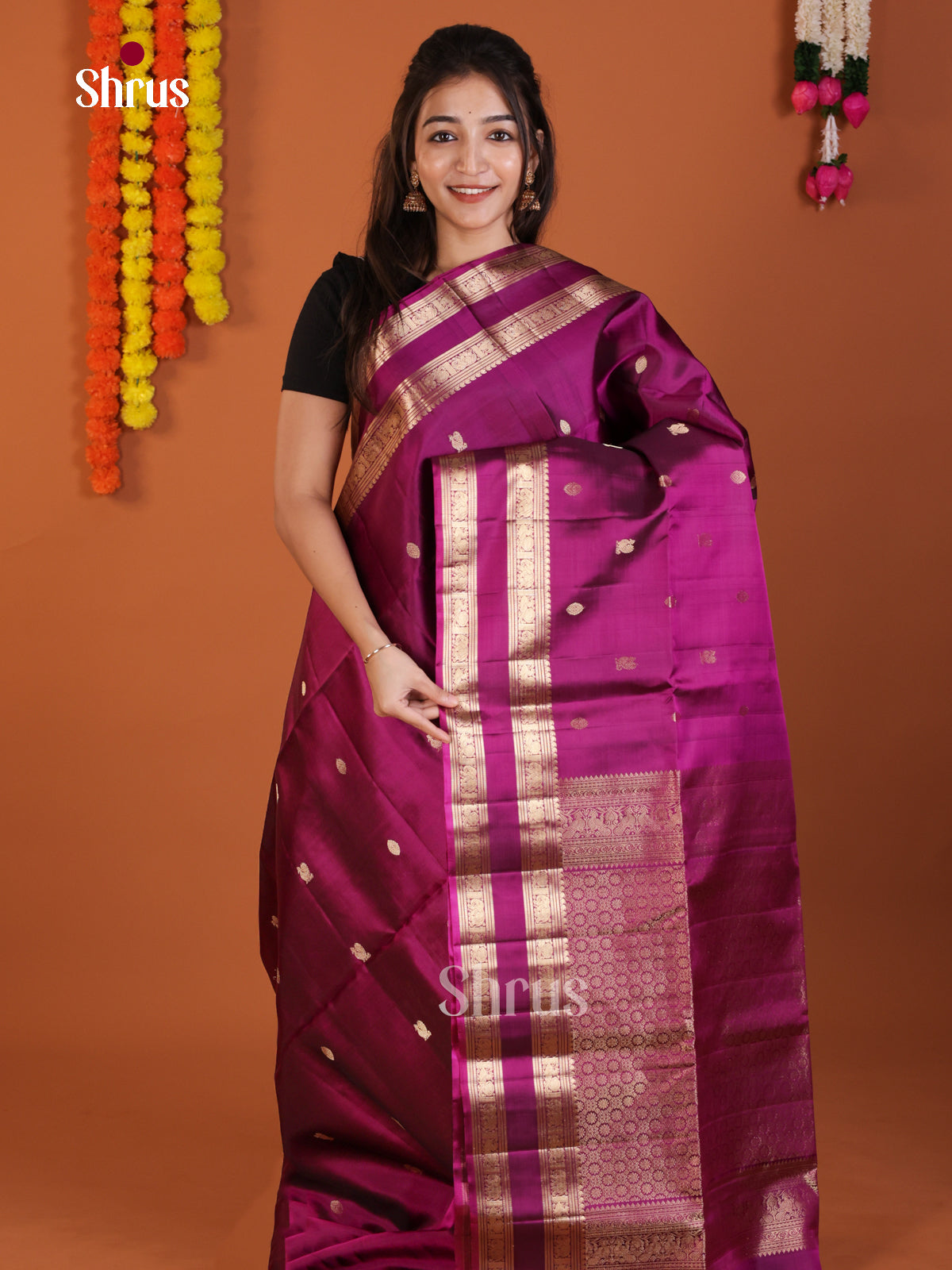 Luxurious Purple Soft Silk Saree with zari peacock buttas & Rettaipet border - Shop on Shrus.com