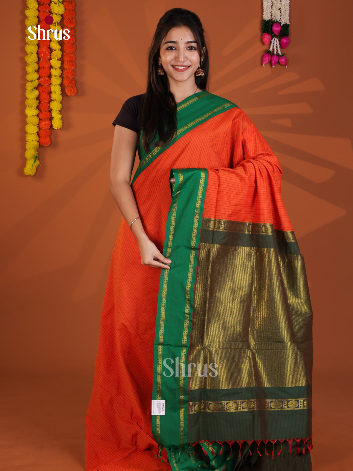 Orange & Green - Kalyani Cotton Saree - Shop on Shrus.com