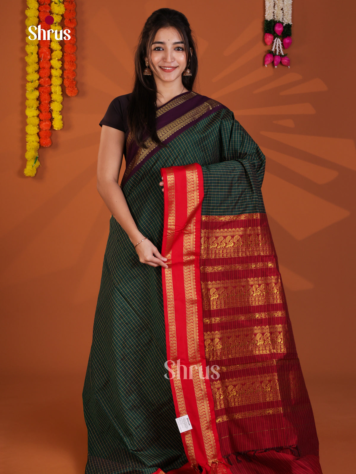 Green & Red- Kalyani Cotton Saree - Shop on Shrus.com