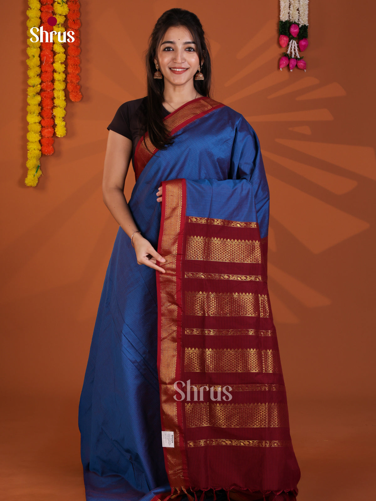 Blue & Maroon - Kalyani Cotton Saree - Shop on Shrus.com