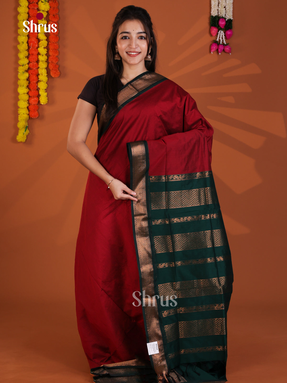 Maroon & Green - Kalyani Cotton Saree - Shop on Shrus.com