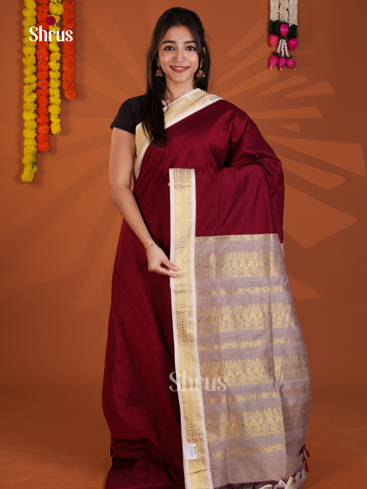 Maroon & Cream- Kalyani Cotton Saree - Shop on Shrus.com