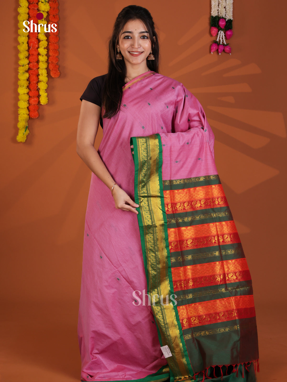 Pink & Green- Kalyani Cotton Saree - Shop on Shrus.com
