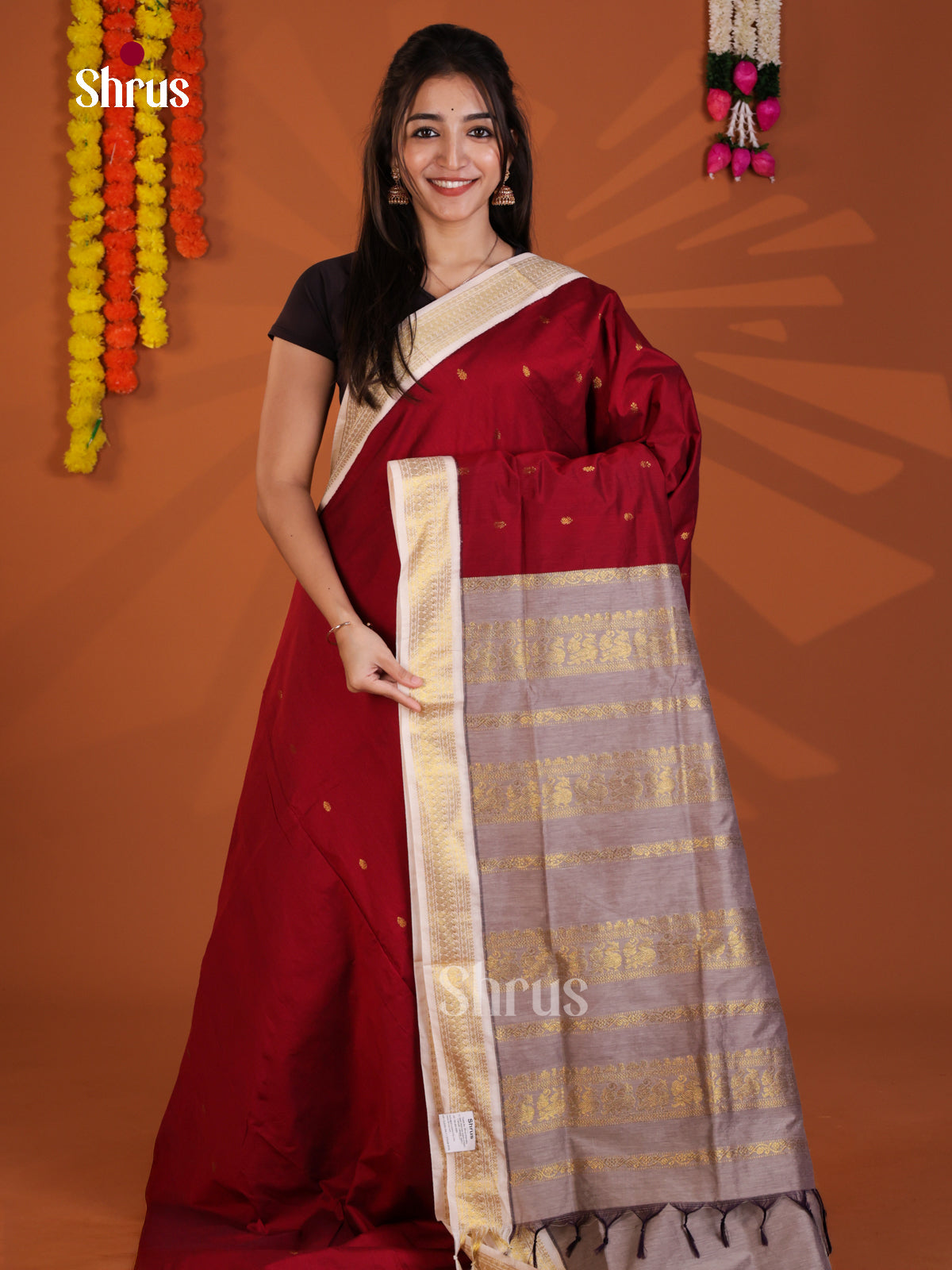 Maroon & Cream - Kalyani Cotton Saree - Shop on Shrus.com