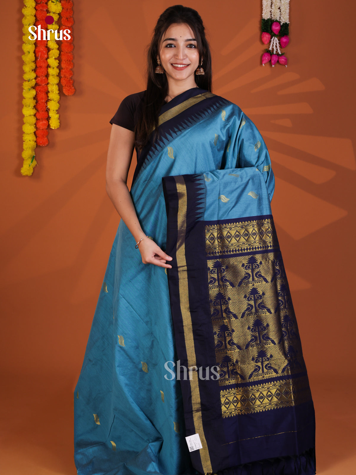 Blue & Navy Blue - Kalyani Cotton Saree - Shop on Shrus.com