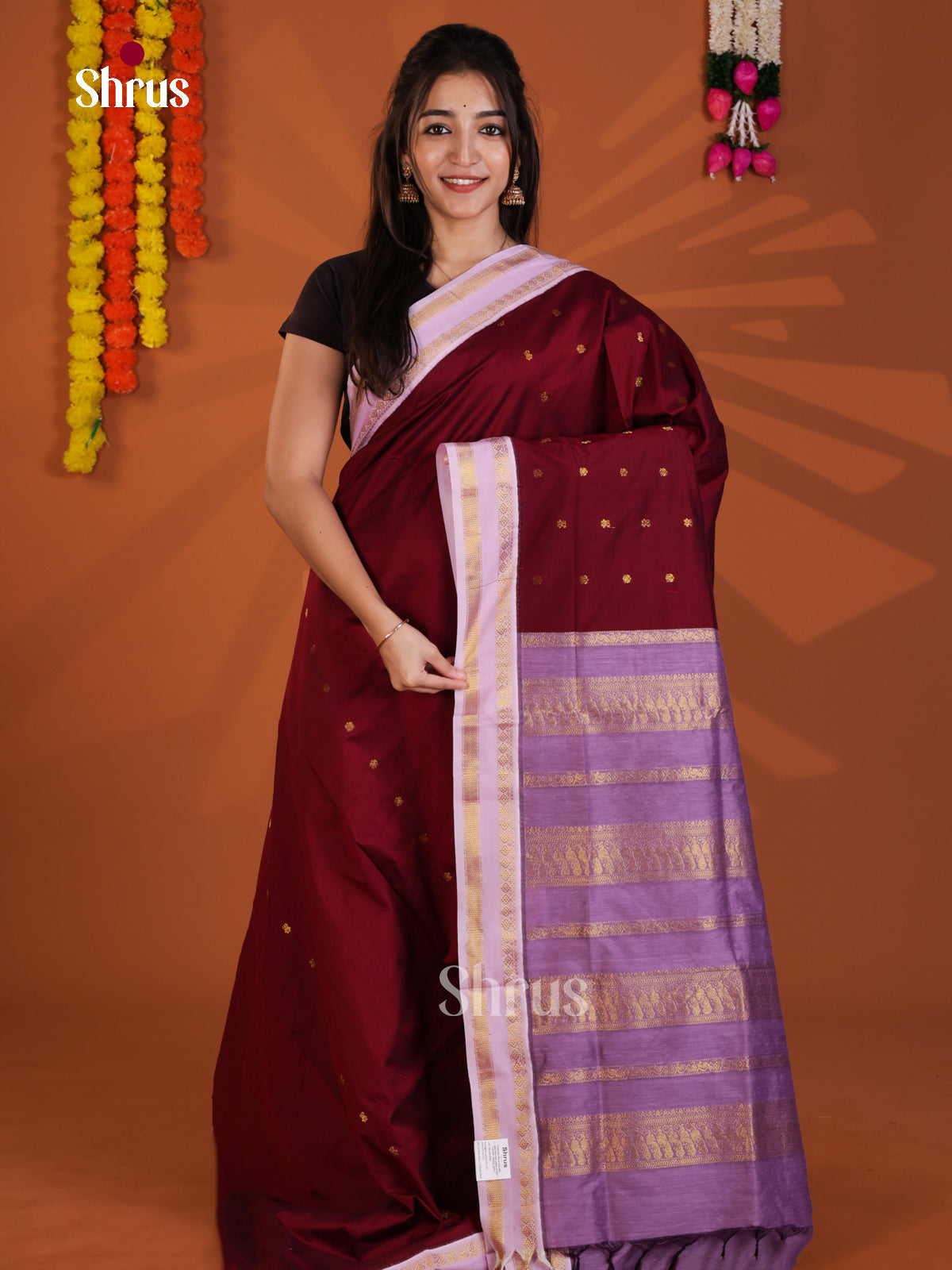 Maroon & Lavender - Kalyani Cotton Saree - Shop on Shrus.com