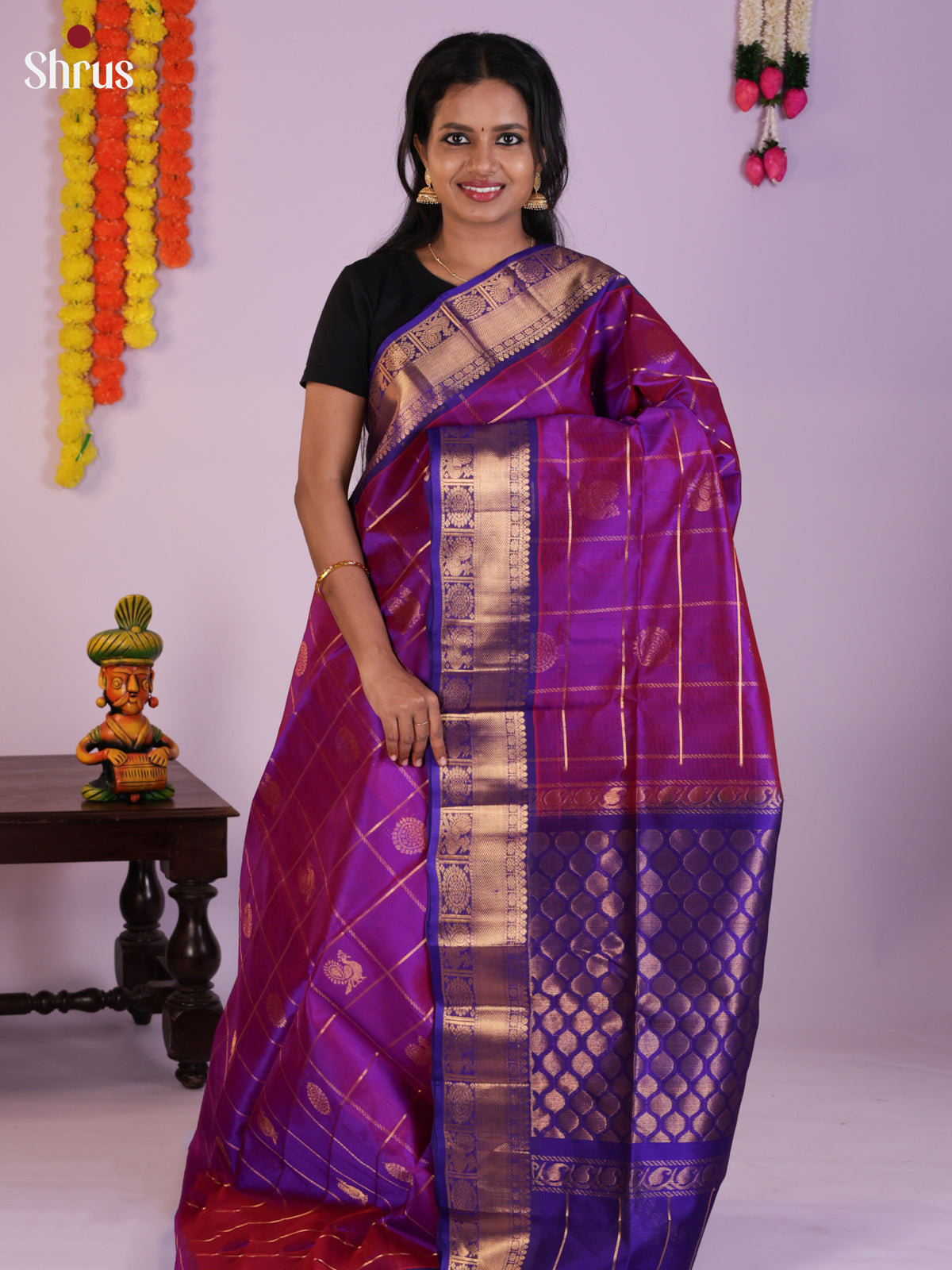 Graceful Purple Silk Cotton Saree with zari checks & Splendid palli -DLS29005