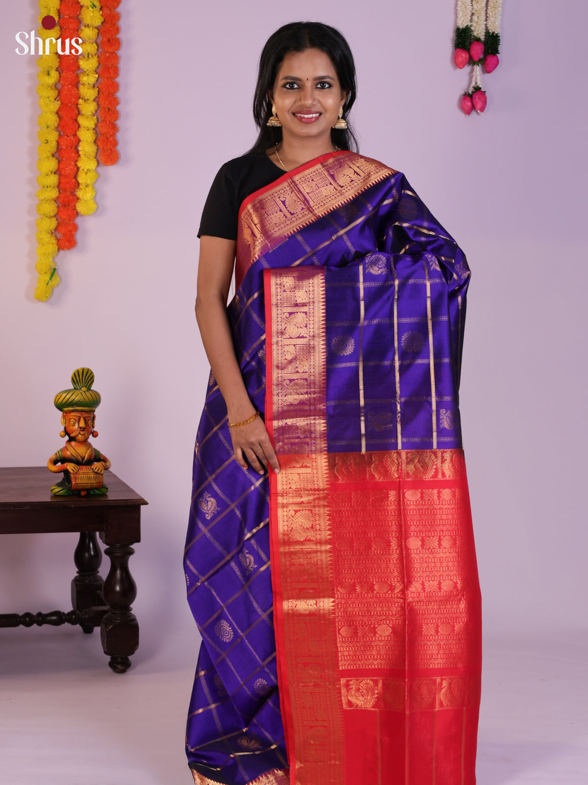 Vibrant Blue Silk Cotton saree with zari checks , peacock motifs -DLS29008