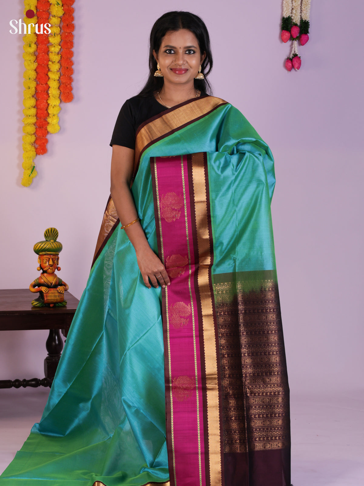 Beautiful Teal blue & Brown Silk Cotton Saree  with Korvai-Medium border - DLS29016