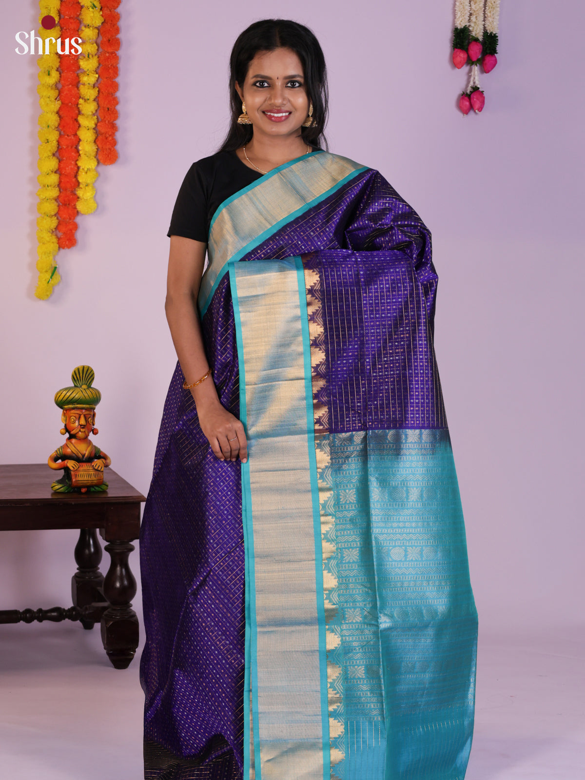 Beautiful Blue & Teal Silk Cotton Saree with zari kattam & korvai border -DLS29025