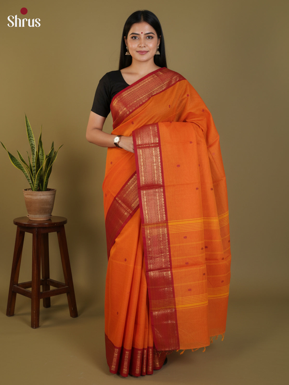 Orange & Red  - Chettinad Cotton Saree- DLS29044 - Shop on Shrus.com