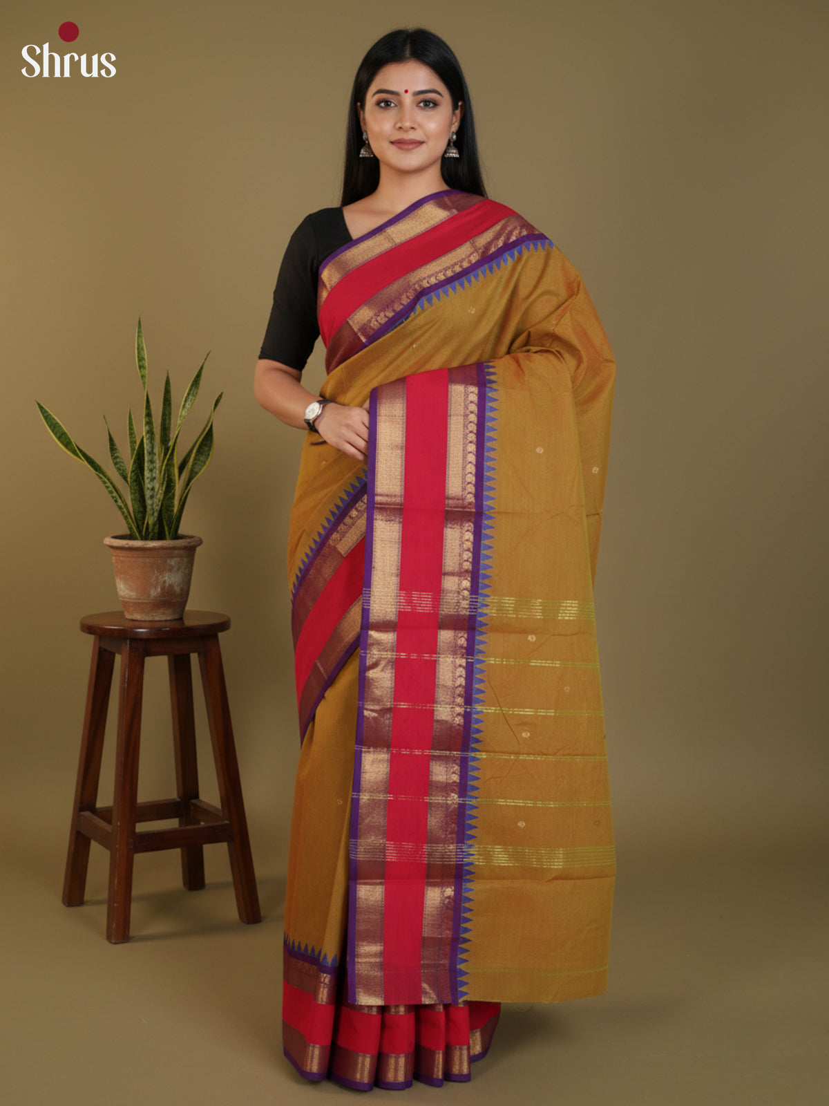 Mustardy Green & Purple - Chettinad Cotton Saree- DLS29047 - Shop on Shrus.com