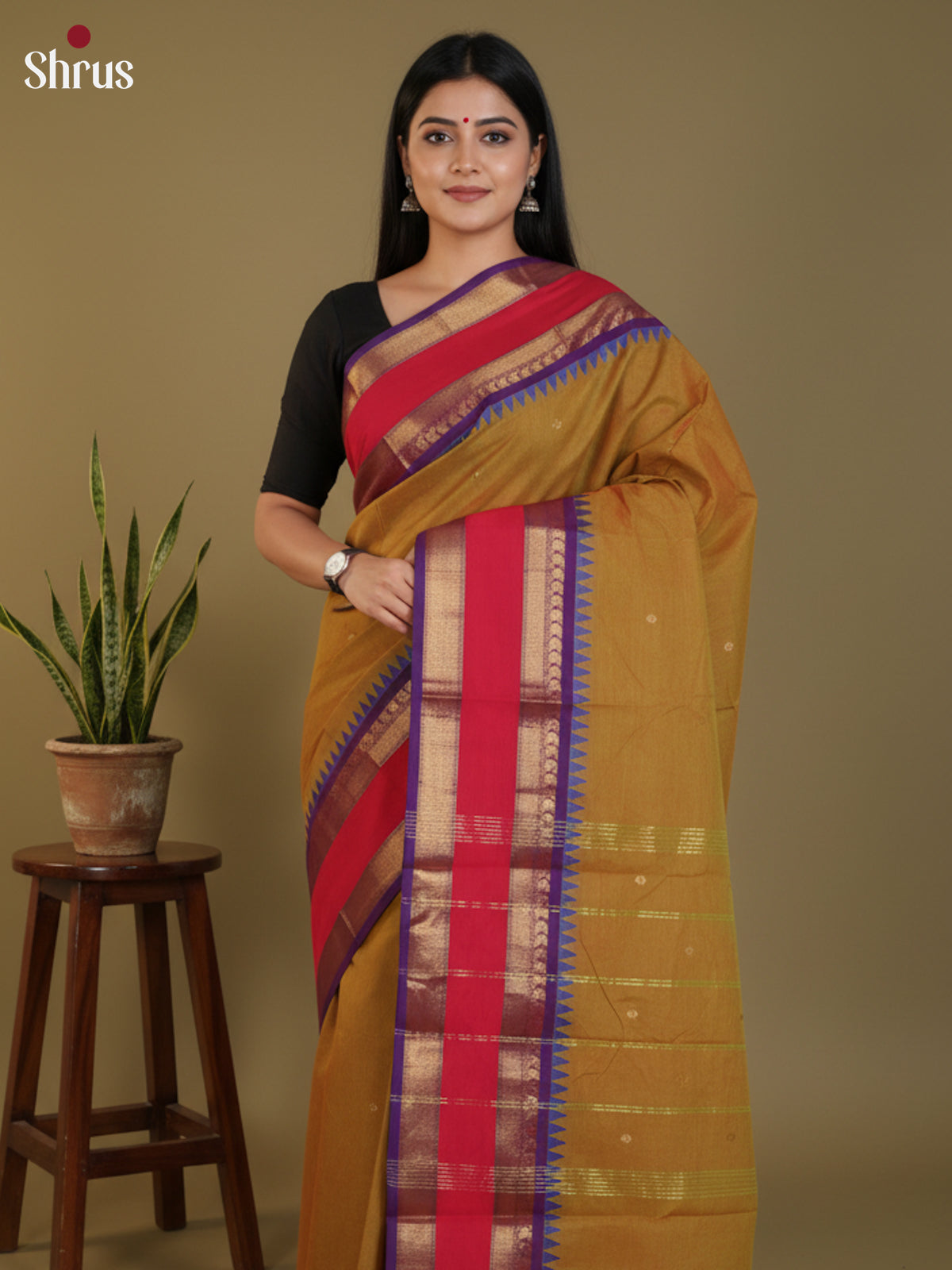 Mustardy Green & Purple - Chettinad Cotton Saree- DLS29047 - Shop on Shrus.com