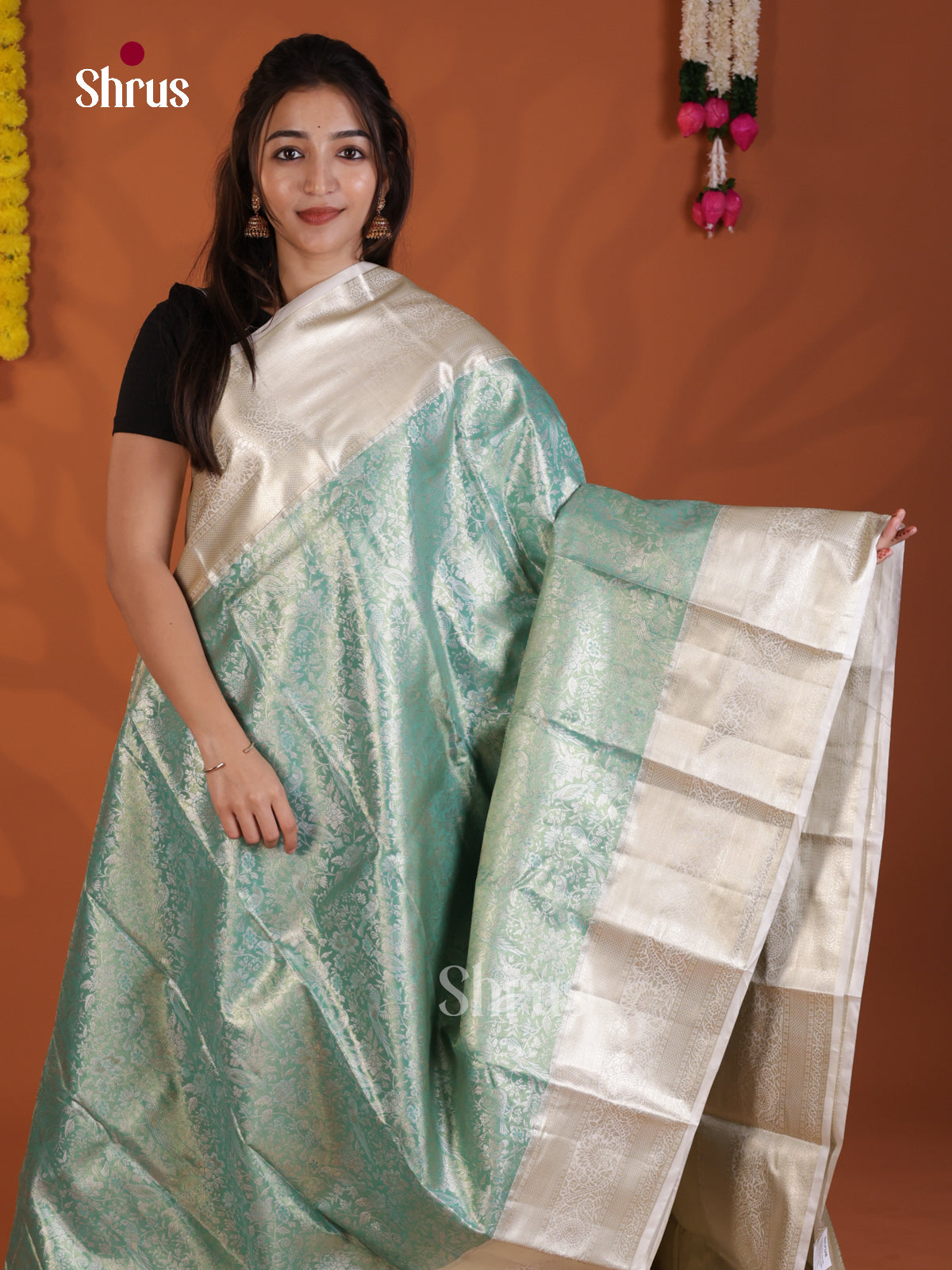 Teal Blue & Grey  - Kanchipuram-halfpure Saree- DLS29069 - Shop on Shrus.com