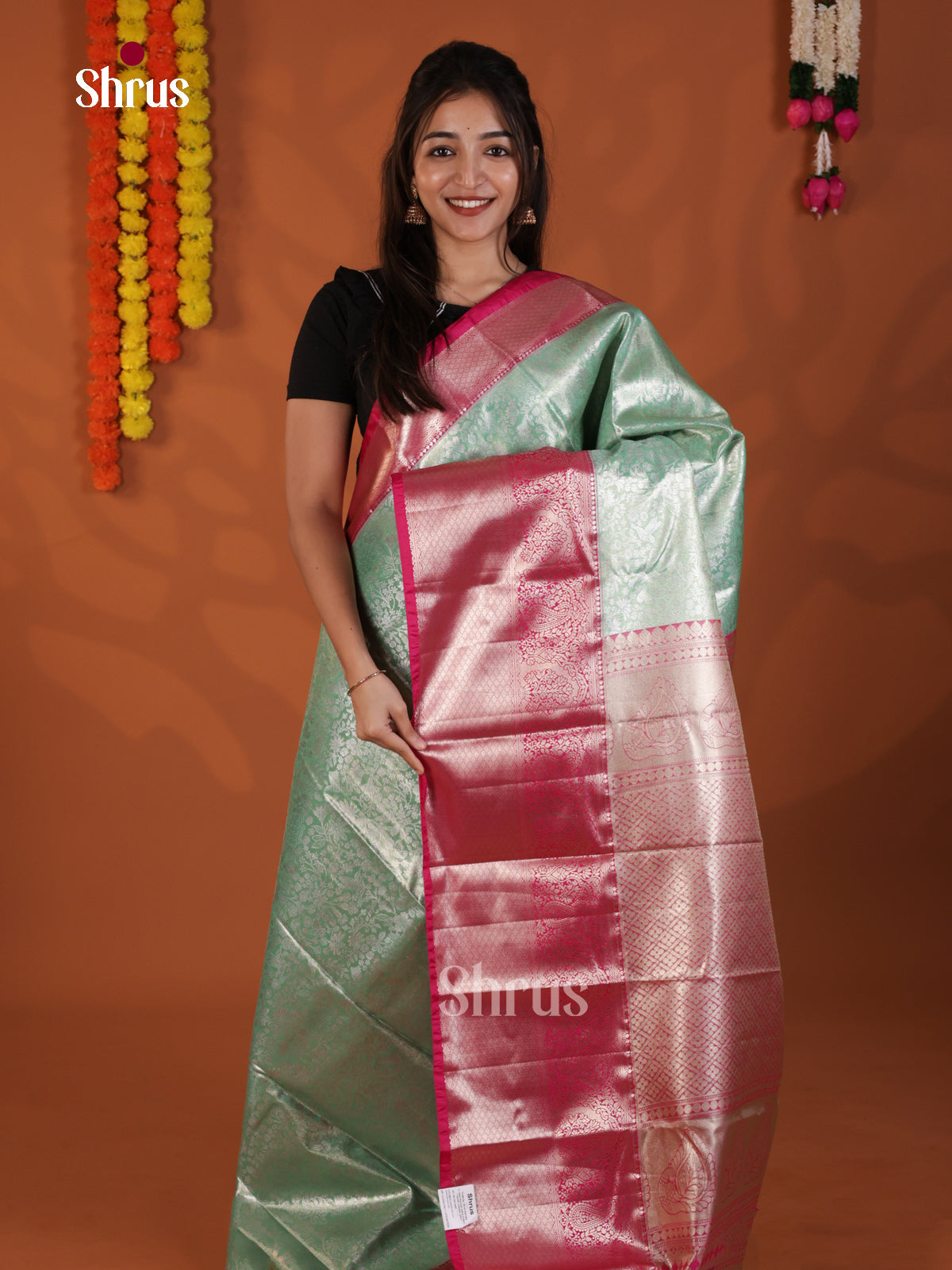 Teal Green & Pink- Kanchipuram-halfpure Saree - DLS29080 - Shop on Shrus.com