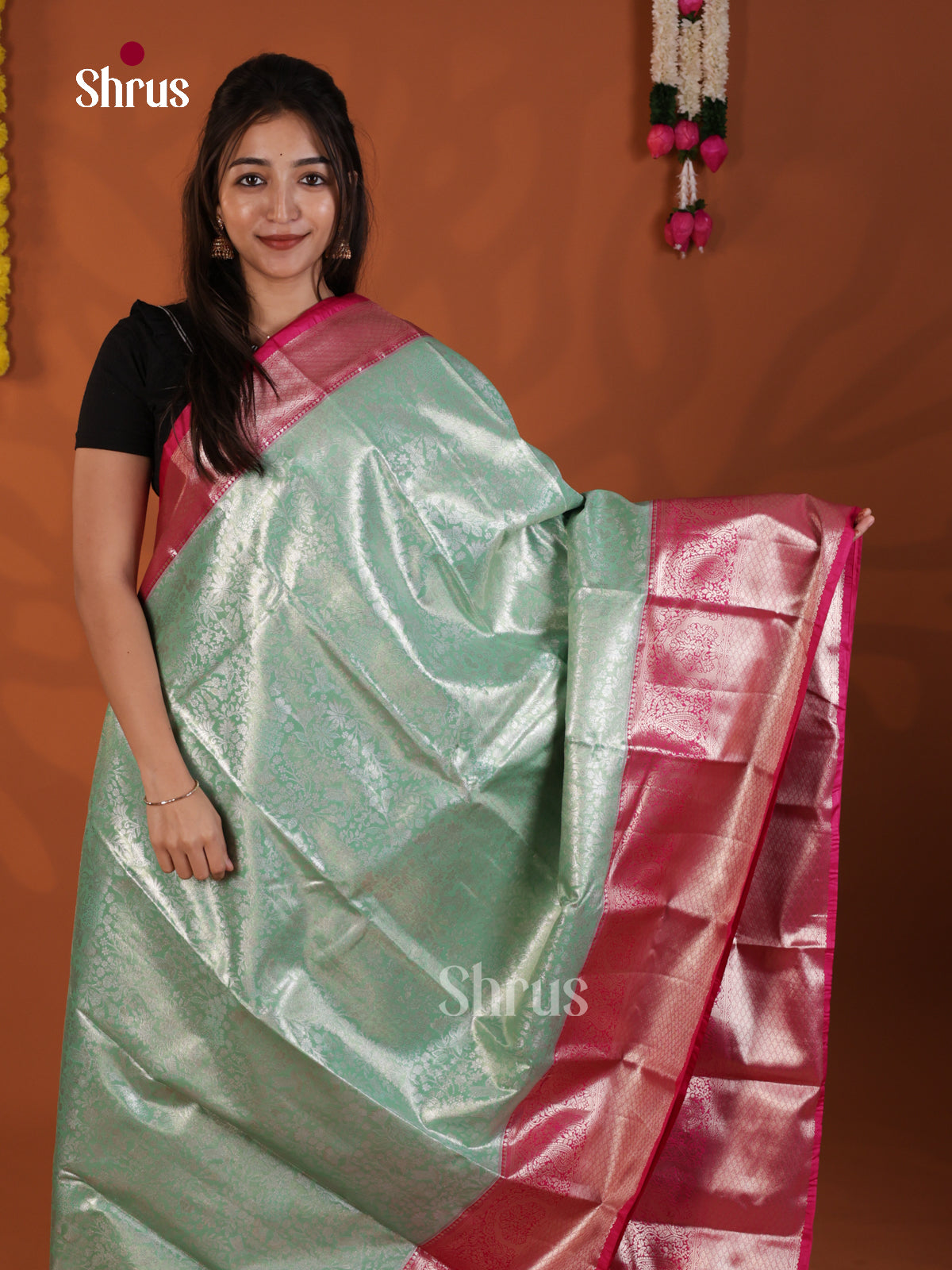 Teal Green & Pink- Kanchipuram-halfpure Saree - DLS29080 - Shop on Shrus.com