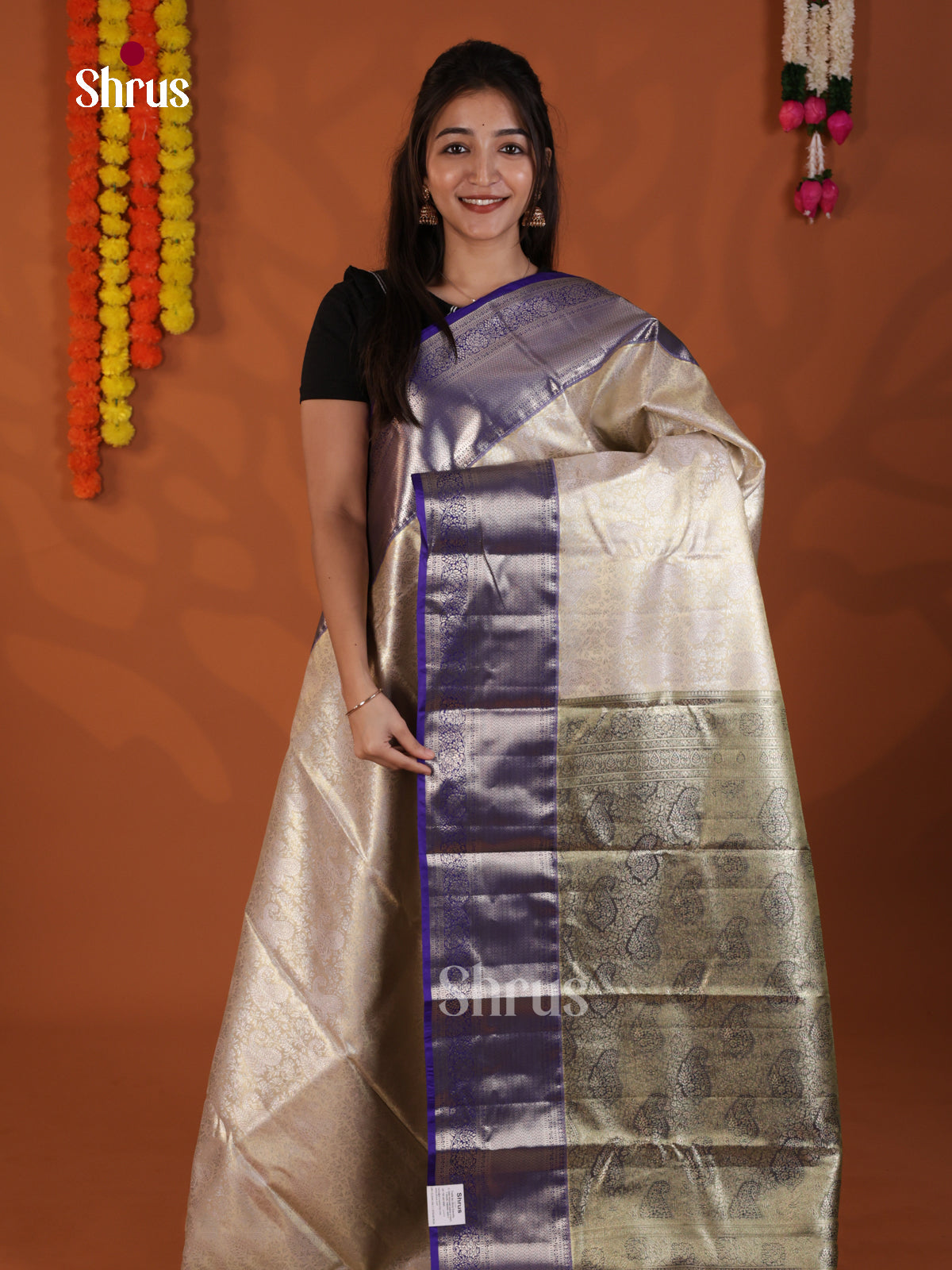 Cream & Blue  - Kanchipuram-halfpure Saree- DLS29089 - Shop on Shrus.com