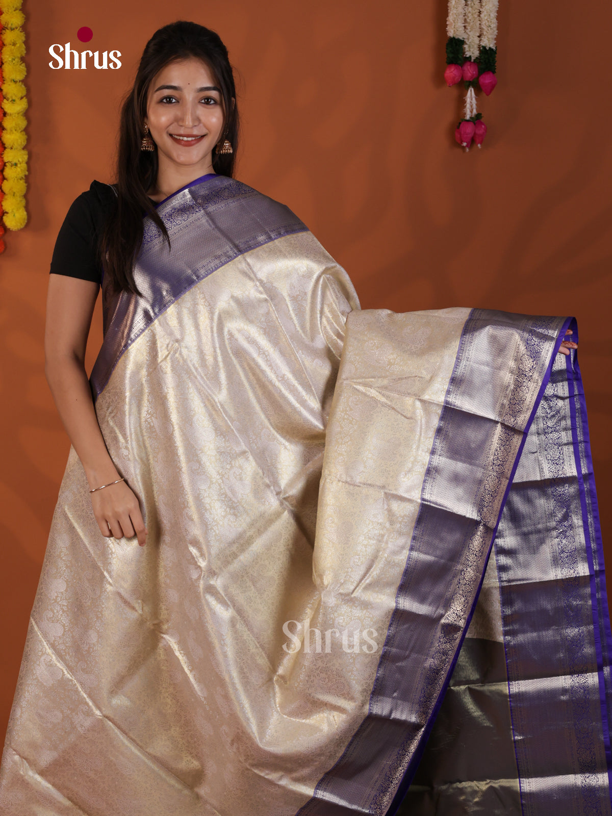Cream & Blue  - Kanchipuram-halfpure Saree- DLS29089 - Shop on Shrus.com