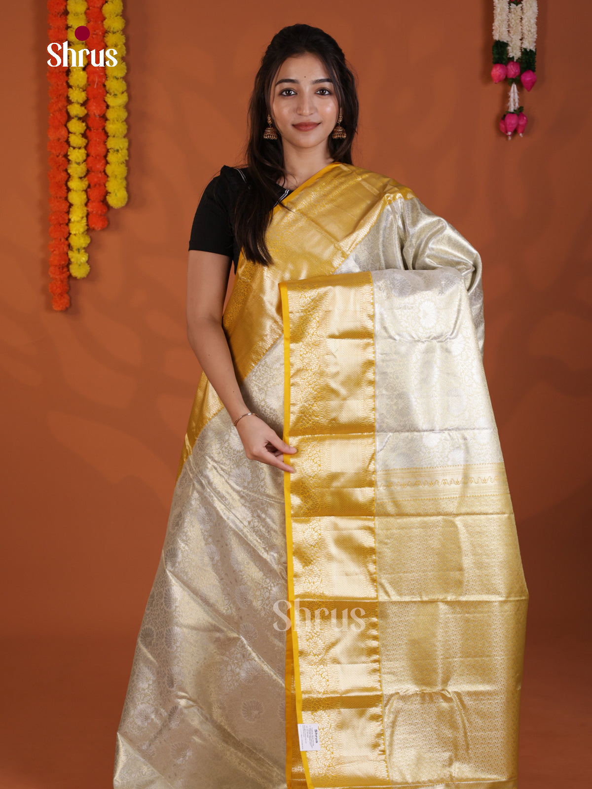 Cream & yellow - Kanchipuram-halfpure Saree - DLS29099 - Shop on Shrus.com