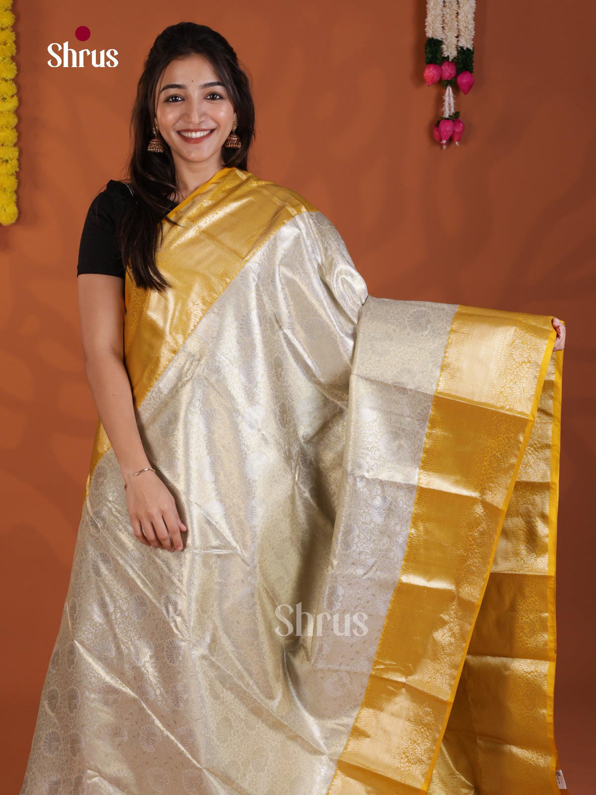 Cream & yellow - Kanchipuram-halfpure Saree - DLS29099 - Shop on Shrus.com