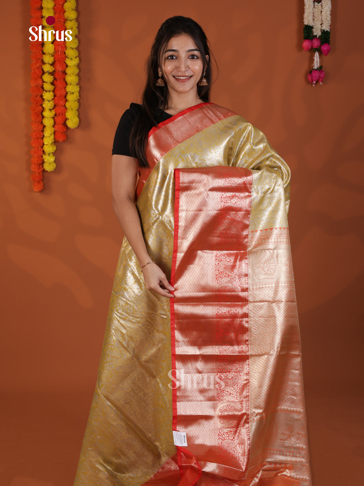Yellow & Red  - Kanchipuram-halfpure Saree- DLS29100 - Shop on Shrus.com