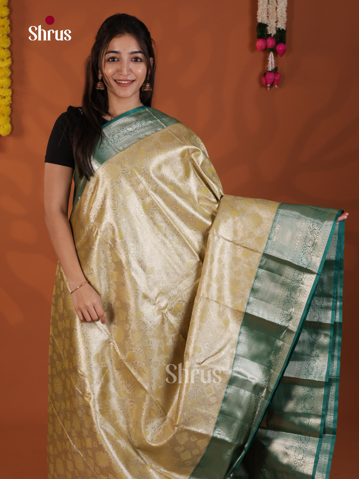 Yellow & Green- Kanchipuram-halfpure Saree - DLS29111 - Shop on Shrus.com