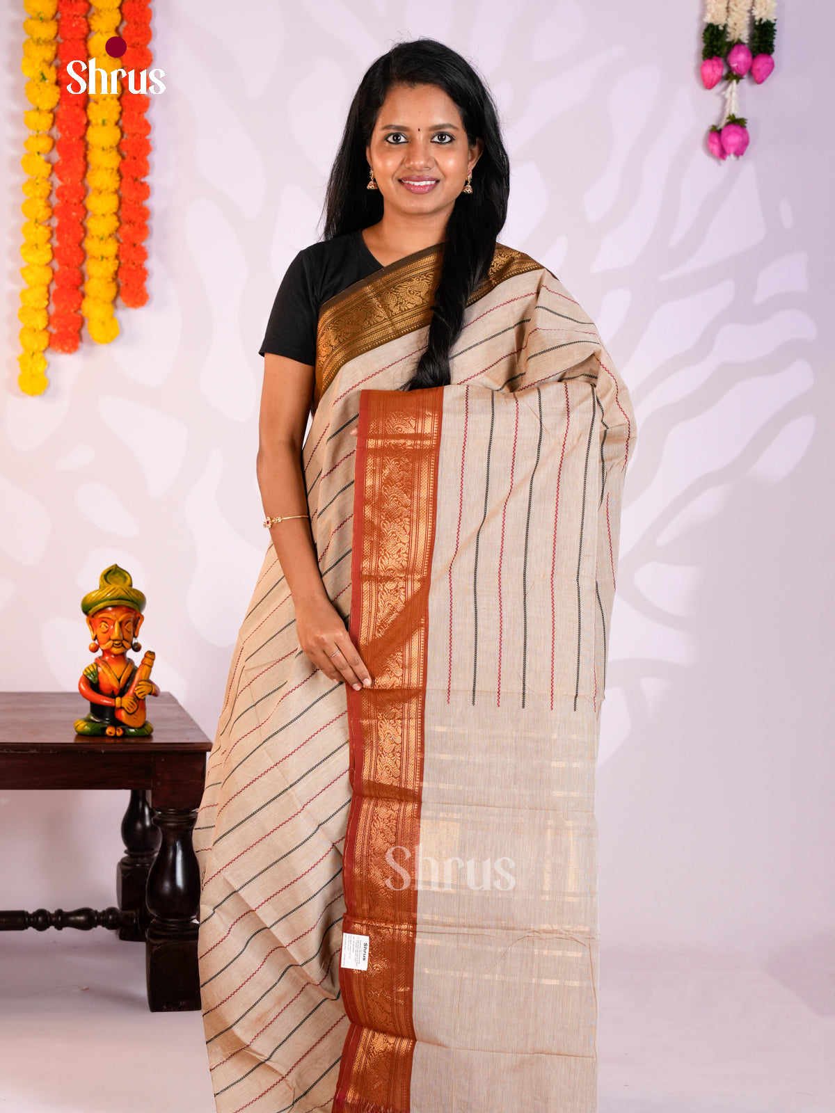 Cream & Maroon - Chettinad Cotton Saree- DLS29281 - Shop on Shrus.com
