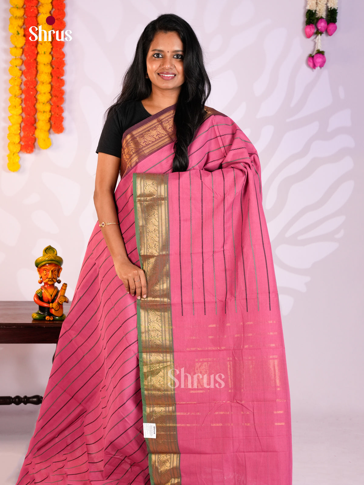 Pink & Green  - Chettinad Cotton Saree-DLS29286 - Shop on Shrus.com