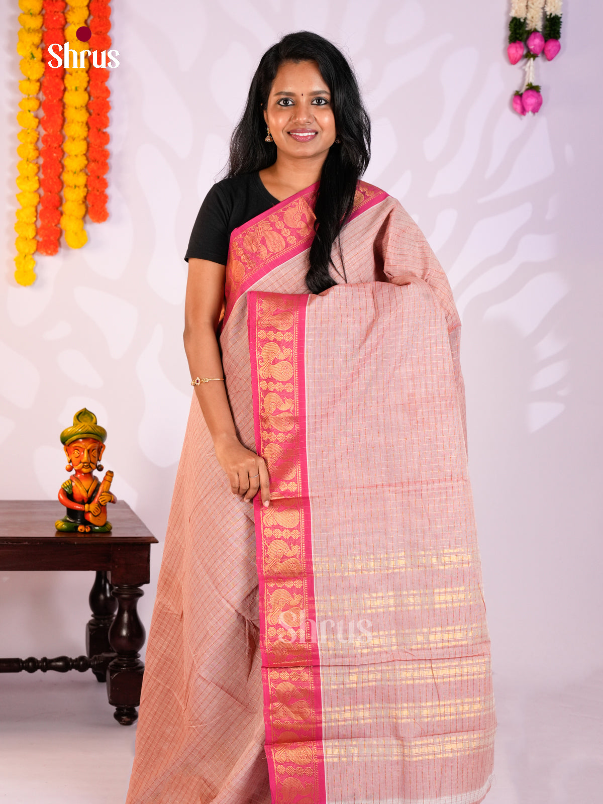 Pale Pink & Pink  - Chettinad Cotton Saree- DLS29289 - Shop on Shrus.com