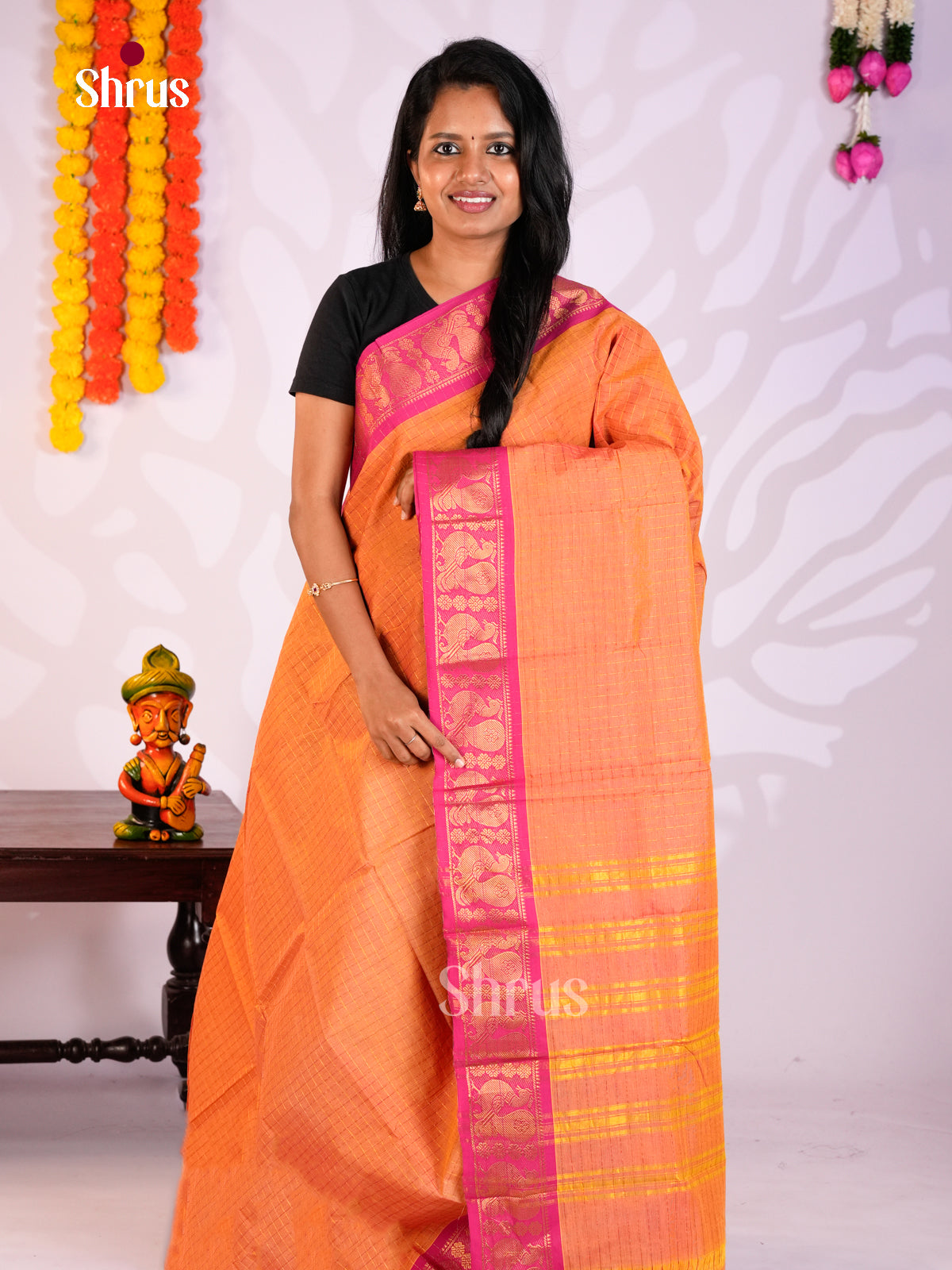 Orange & Pink- Chettinad Cotton Saree - DLS29299 - Shop on Shrus.com