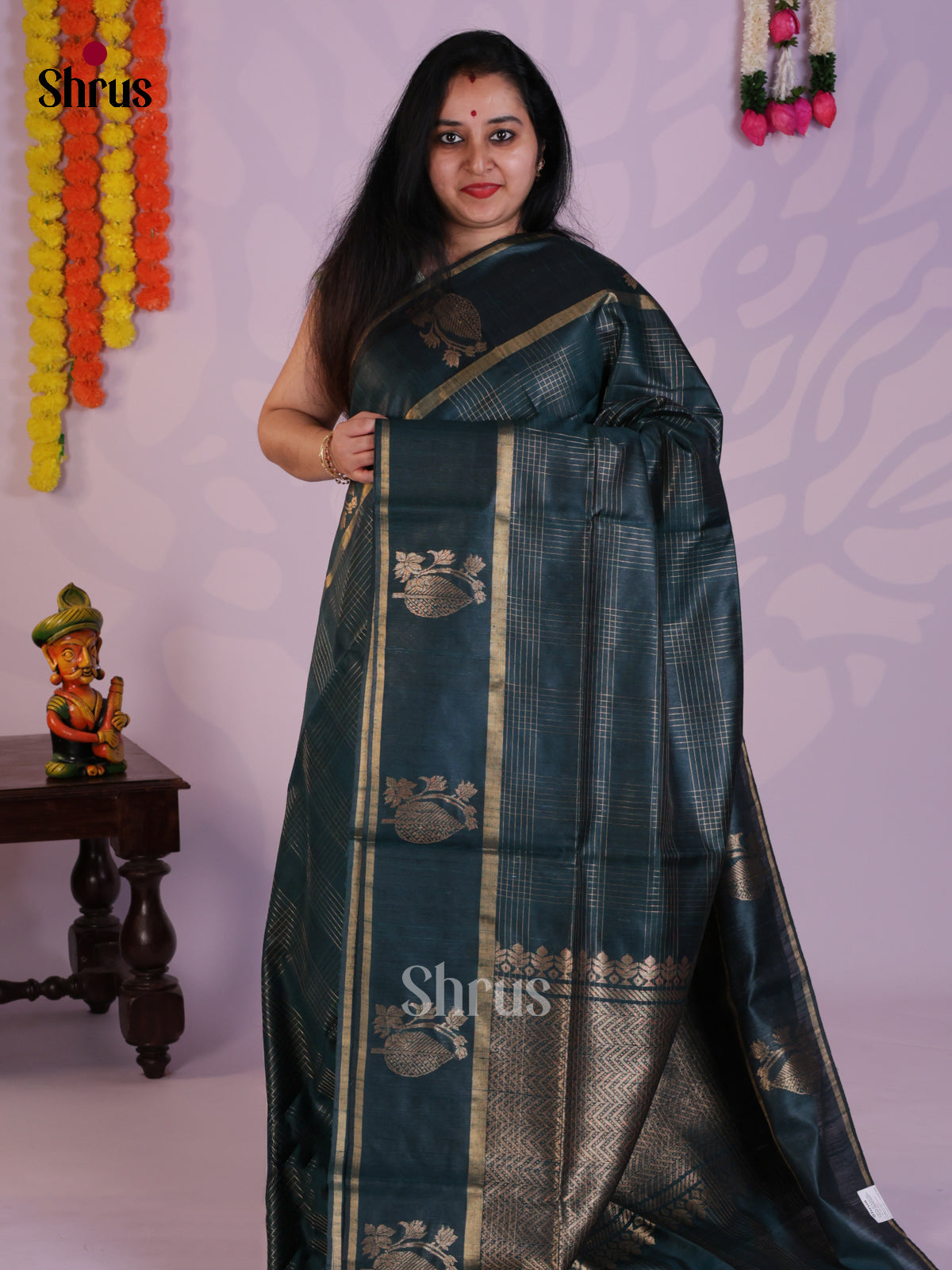 Elegant Peacock Blue  single tone  Raw Silk Saree with zari kattam - DLS30002 - Shop on Shrus.com